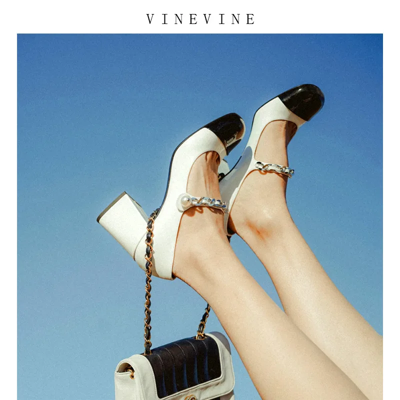 Pearl Mary Jane mid-heel black and white French single shoe patent leather small fragrance chunky matching color high heels