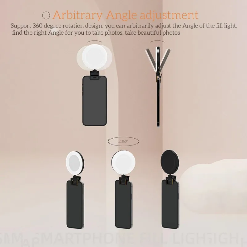 Multi-functional 3 Light Modes Portable Ring Fill Light 360 degrees Adjust Dimmable Mobile Phone Video Lamp