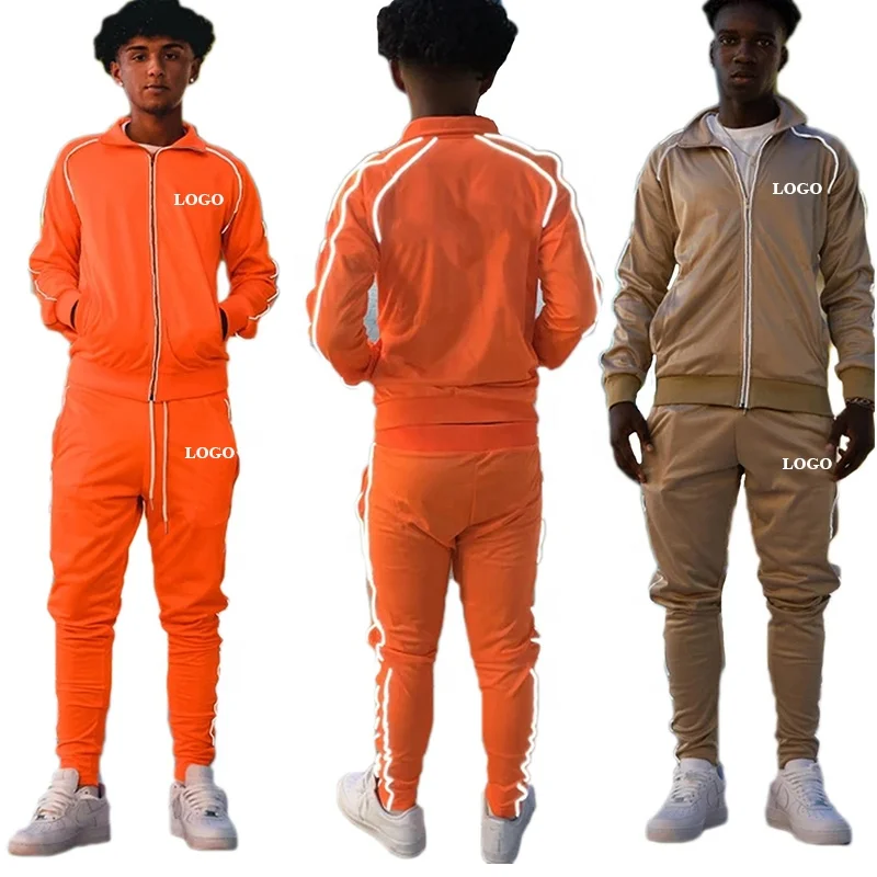 
Top Quality 3m Reflective Side Stripe Tracksuits Men Slim Fit Zipper Sweatsuits Two Piece Jogger Set 