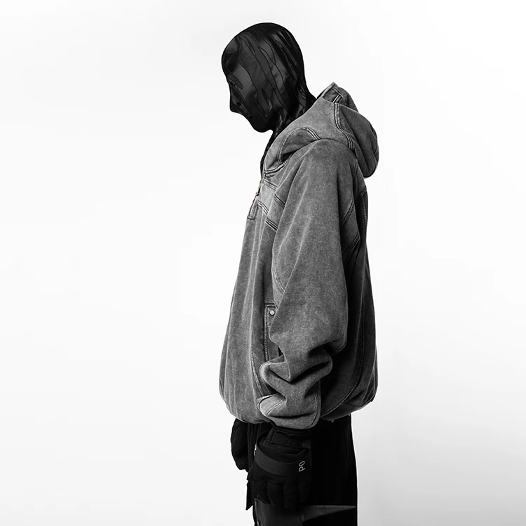 huilin wholesale manufacture heavyweight 100% cotton ninja hoodie men custom half face vintage wash patchwork hoodie