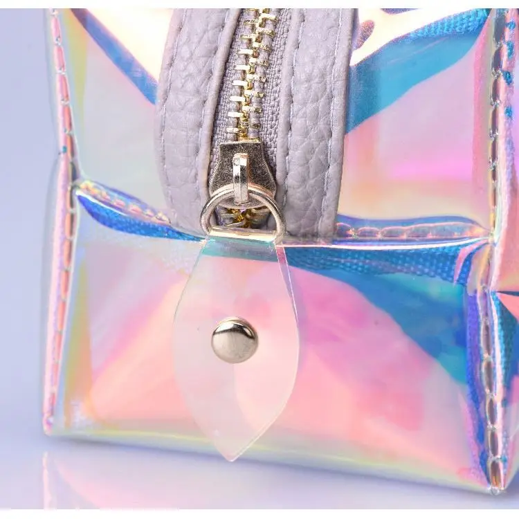 custom waterproof transparent hologram iridescent rainbow TPU laser zip zipper makeup pouch small travel cosmetic bag for women