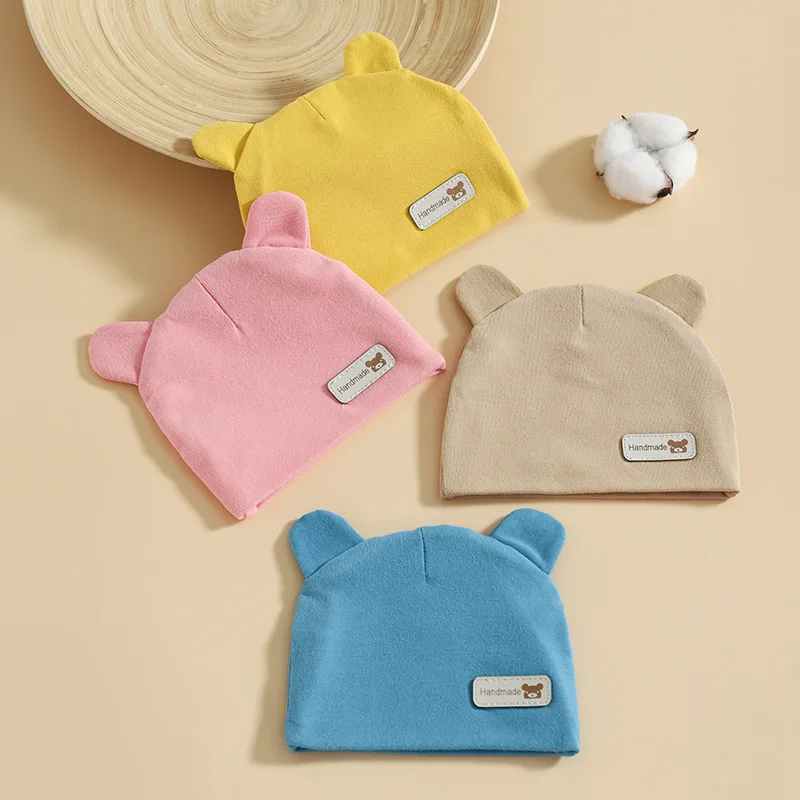 Wholesale solid color soft knitting cotton baby beanie fetal hat with bear ears for unisex newborn infant