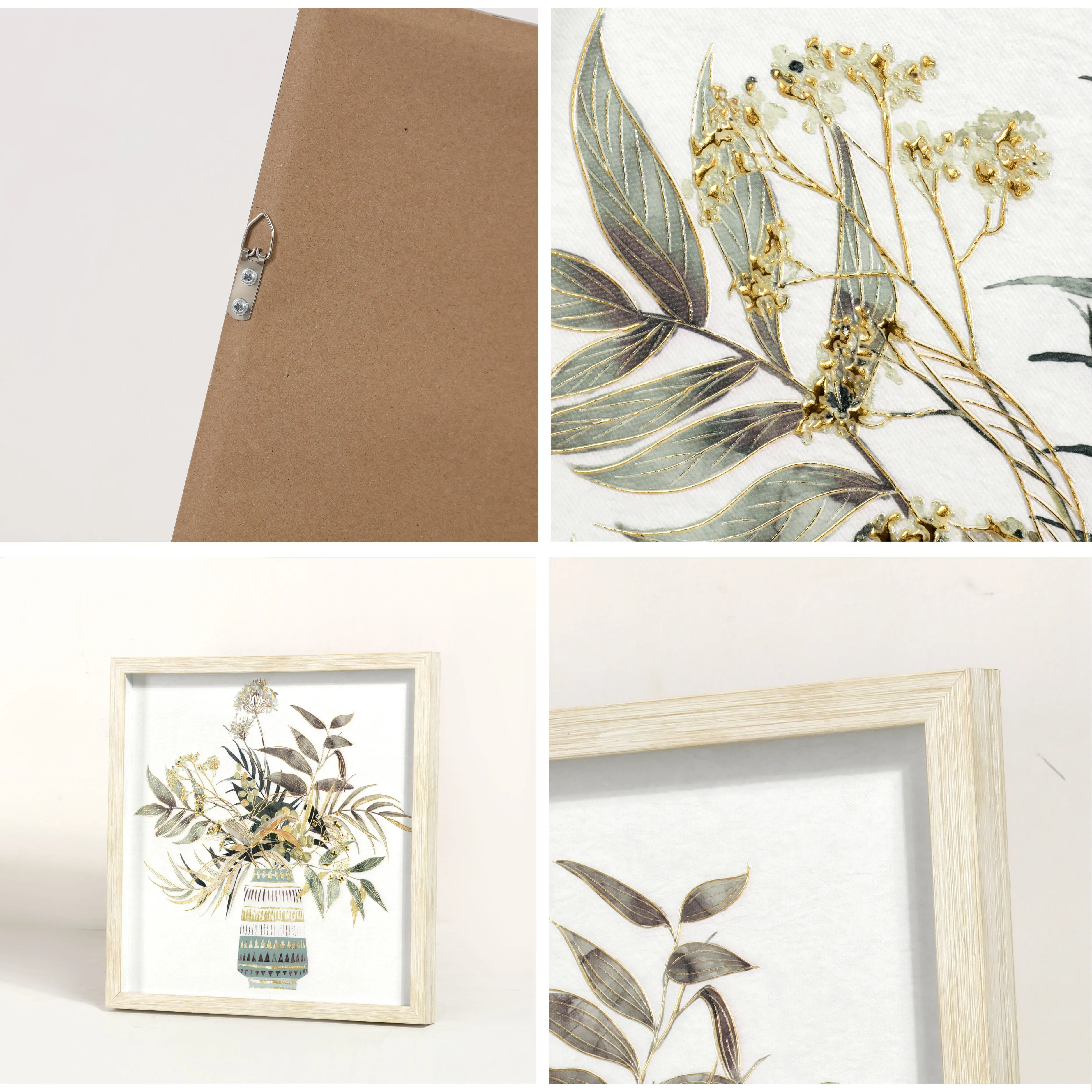 Custom 43*43 cm Framed 3D Printed Vase Flower Still Life Canvas Prints Wall Art With Gold Lines