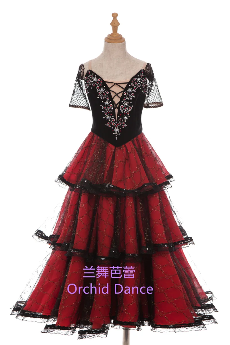 Новинка детская одежда для девочек и женщин взрослых испанских танцев балетные романтические красные черные костюмы-пачки