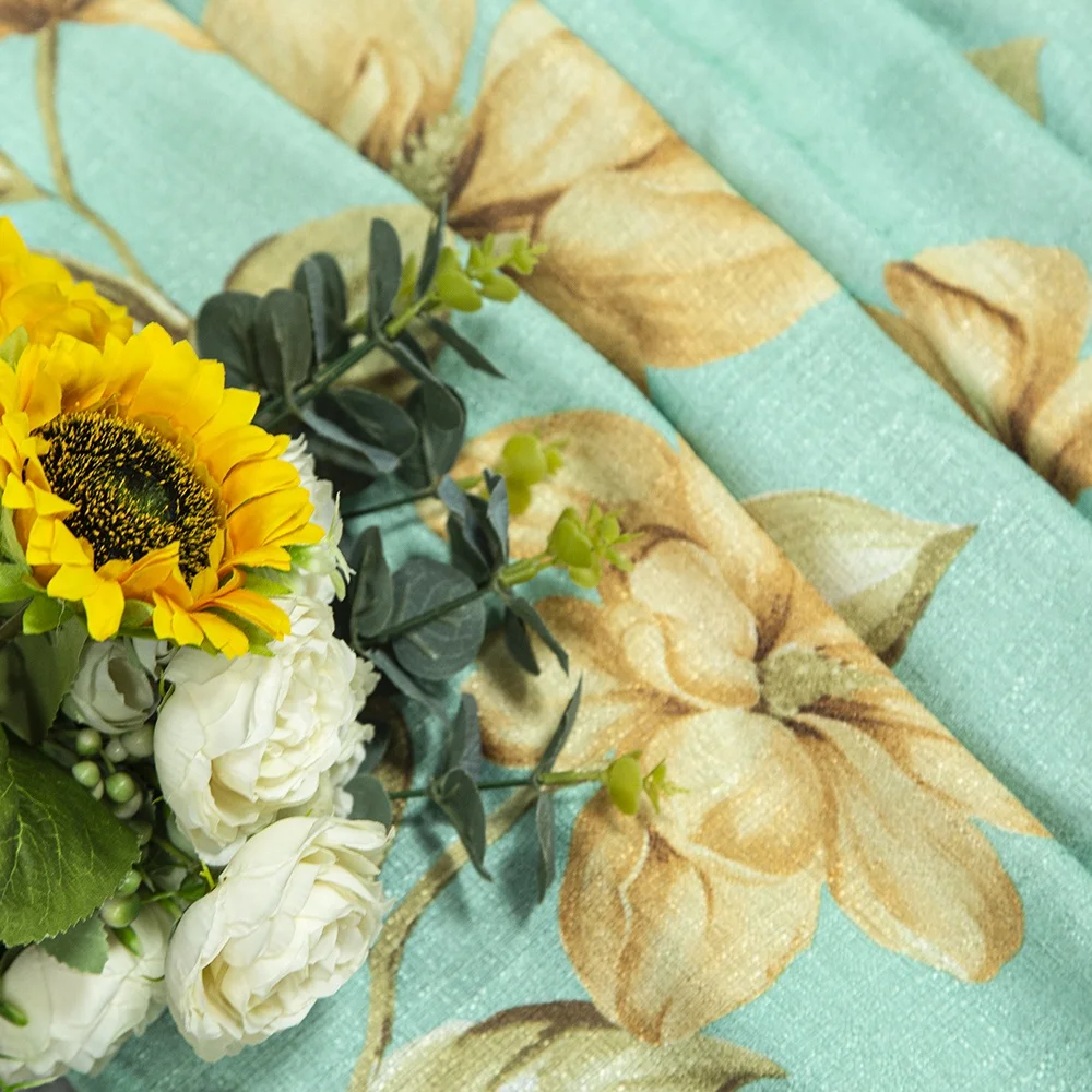 Wholesale ready printed linen window golden flower valance curtains for living room cheap modern bedroom kitchen curtain drape