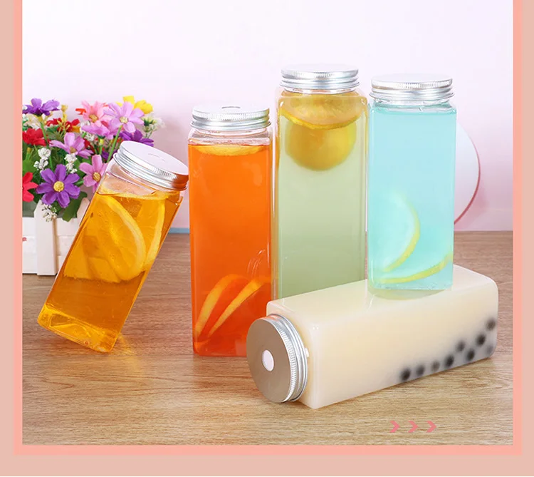 12oz 350ml Clear Reusable Juicing Smoothie Square Plastic Bottles With Caps Lids Juice Drink Containers With Lids For Fridge