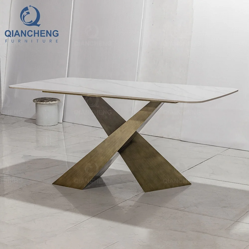 kitchen furniture stainless steel legs dining table luxury design white marble top dinning table set