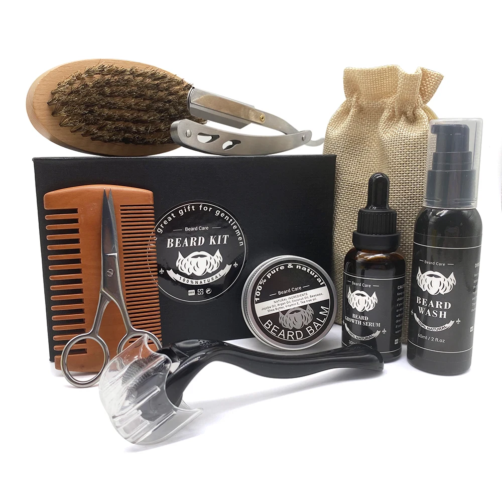 Private Label Beard Growth Kit Cleaning Rolling Beard Oil Beard Balm Grooming Care Gift Set