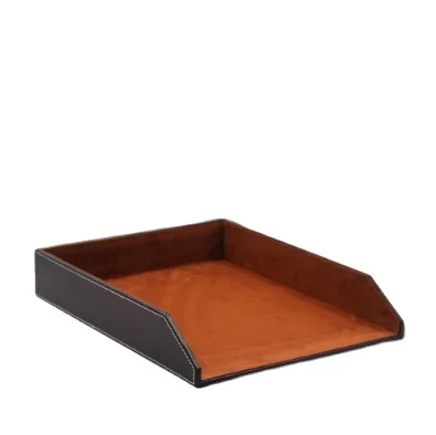 Brown A4 Pu Leather Desktop File Organizer Office 2 Layer File Tray