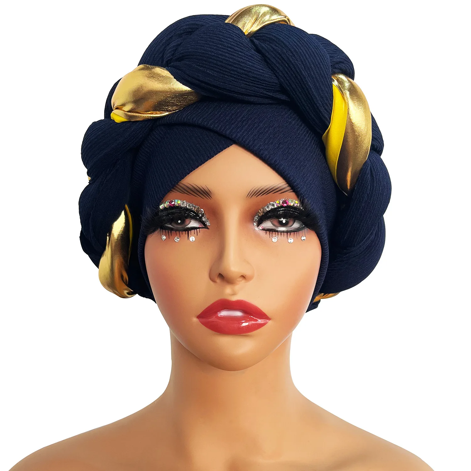 HZM-23431 Wholesale Latest Shiny Braided Party Cap Wear Head Wraps Luxury Elastic Muslim Bonnet African Turban For Women
