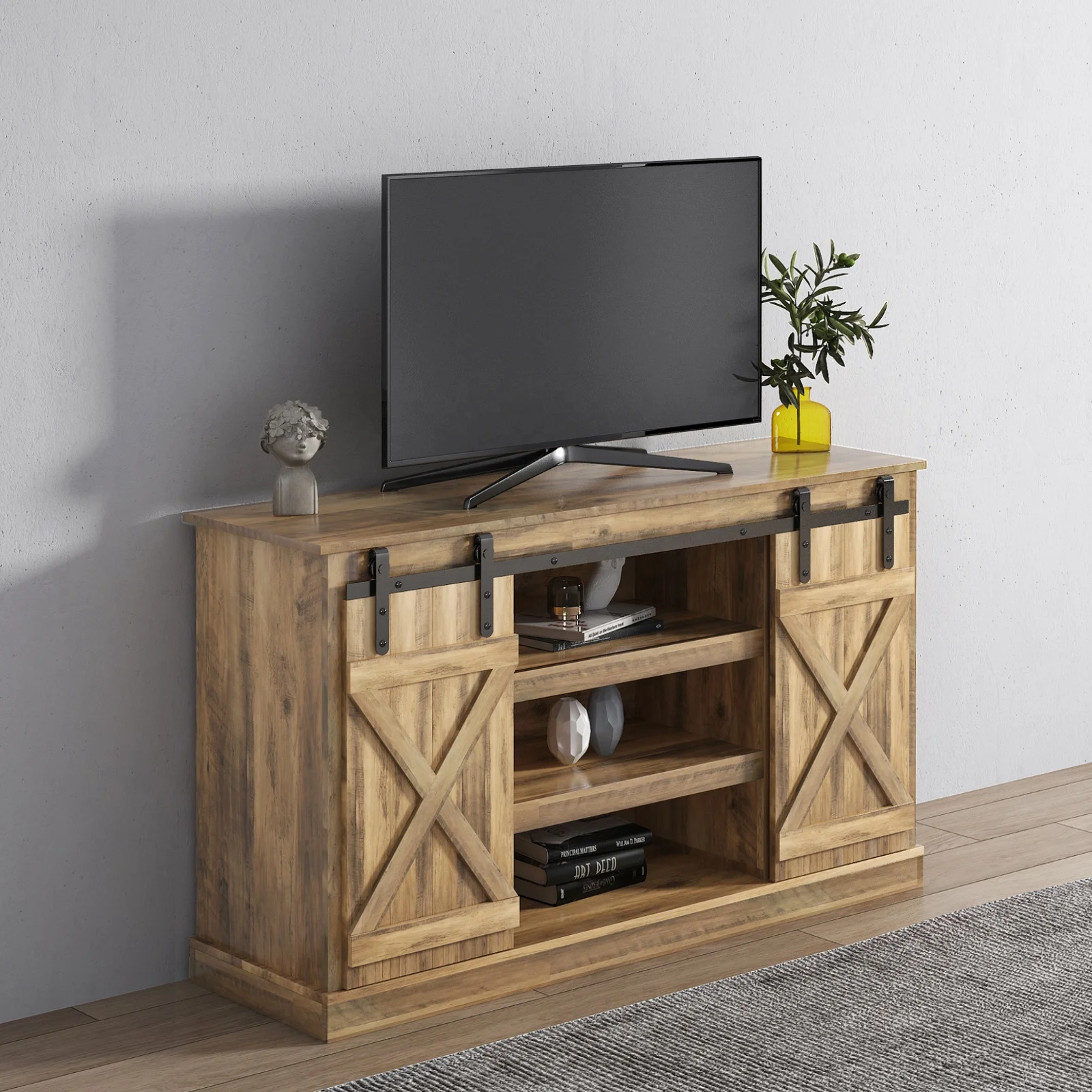 TV entertainment center furniture Farmhouse with Sliding Barn Door,Media Console Table, TV stand with Wood Storage Cabinet