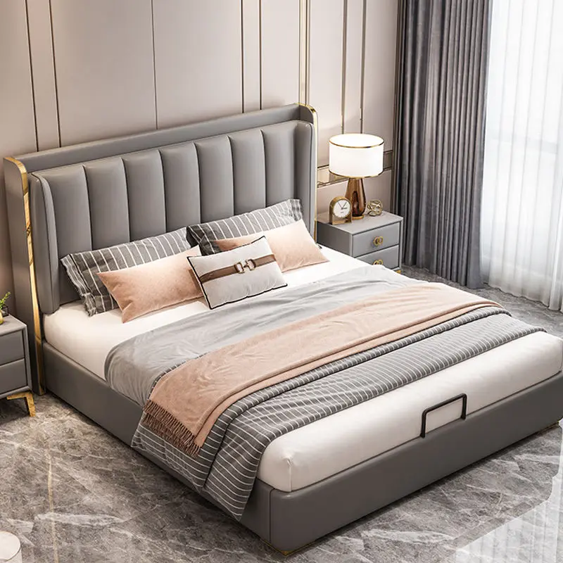 Bedroom Furniture Upholstered Smart Bed Set King Size Modern Double Leather Bed
