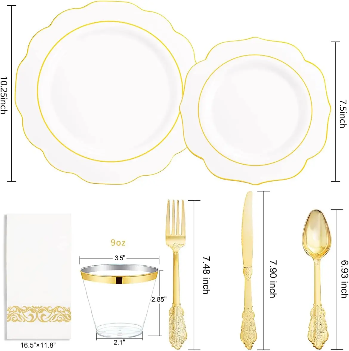 175PCS Gold Disposable Plastic Tableware Plates with Disposable Silverware