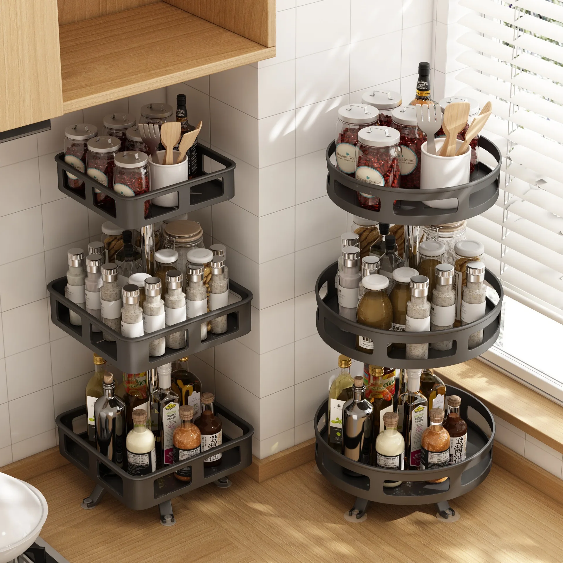 360 rotating 2 tier spice countertop rack with200ml glass seasoning storage jar