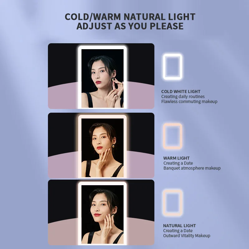 2024 New Beauty ODM Led Foldable Travel Makeup Mirror Touch Screen Portable Standing Adjustable Folding PU Mirror With Led Light