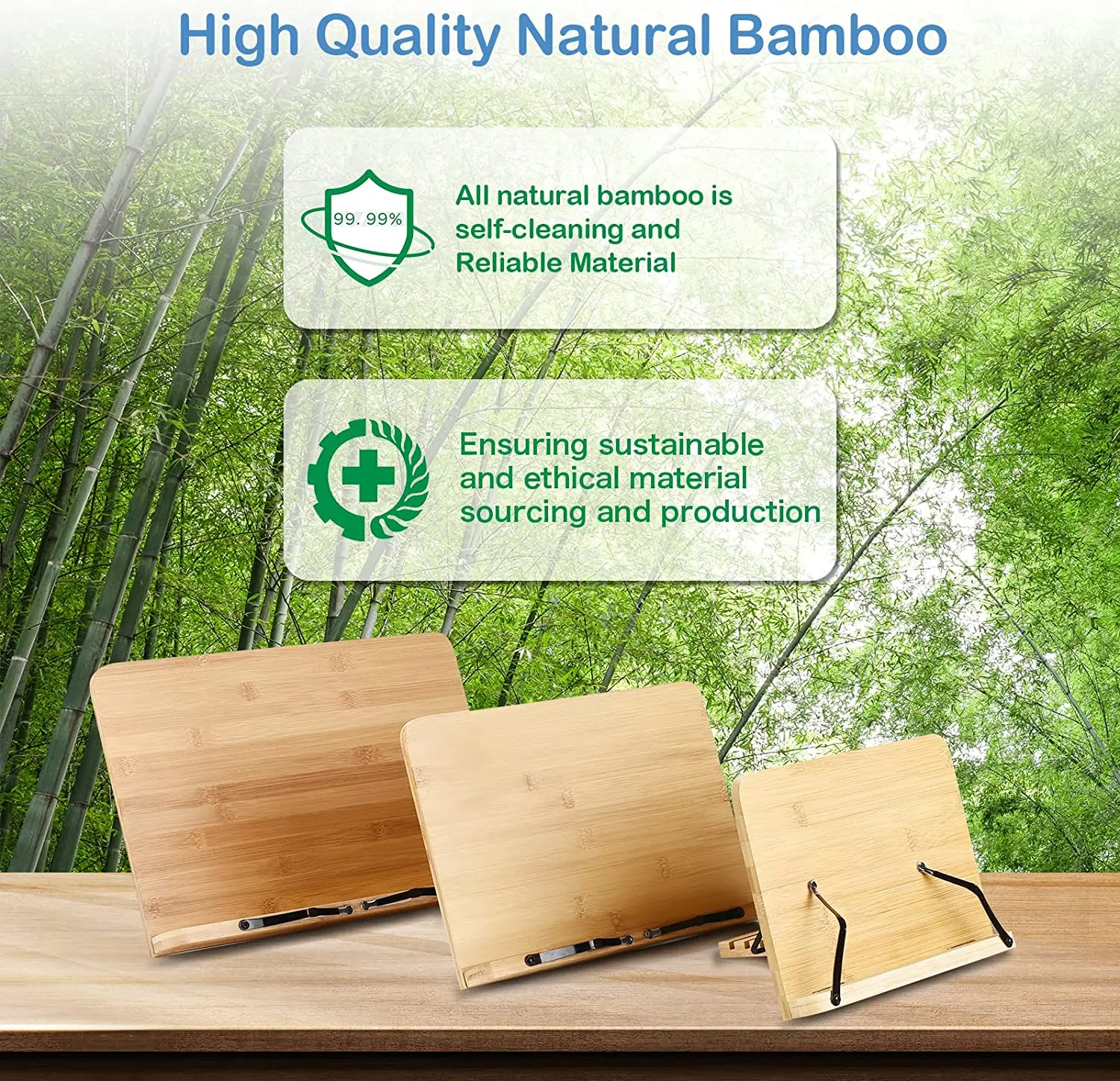 Textbooks Recipe Cookbook Holder Bamboo Adjustable Height Reading Folding Stand with Adjustable Angles and Paper Clips Holds