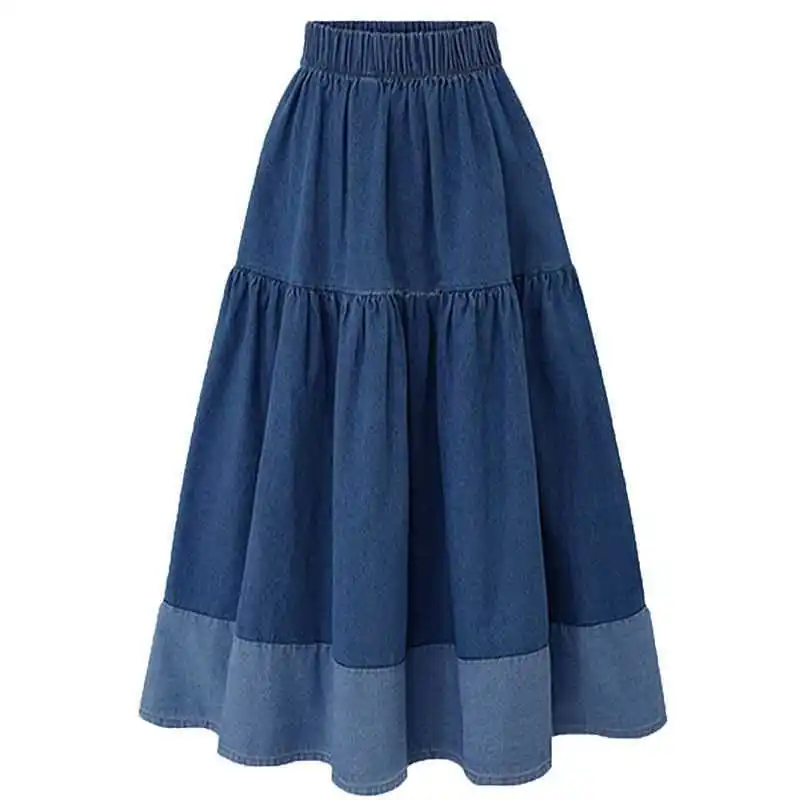 Elegant casual high waist women pleated A line midi length Skirt patchwork elastic Ladies denim skirts
