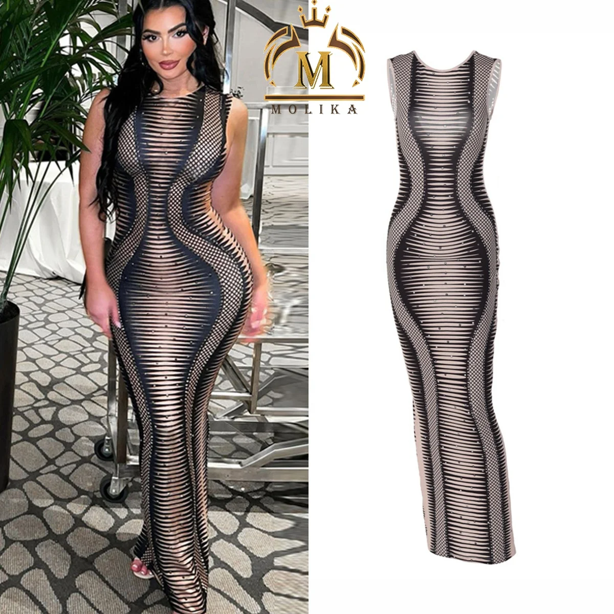 New Arrivals Sexy Club Women Dresses Sexy Sleeveless Print Nude Dress Sexy Backless Bodycon Long Maxi Dresses Women Lady Elegant