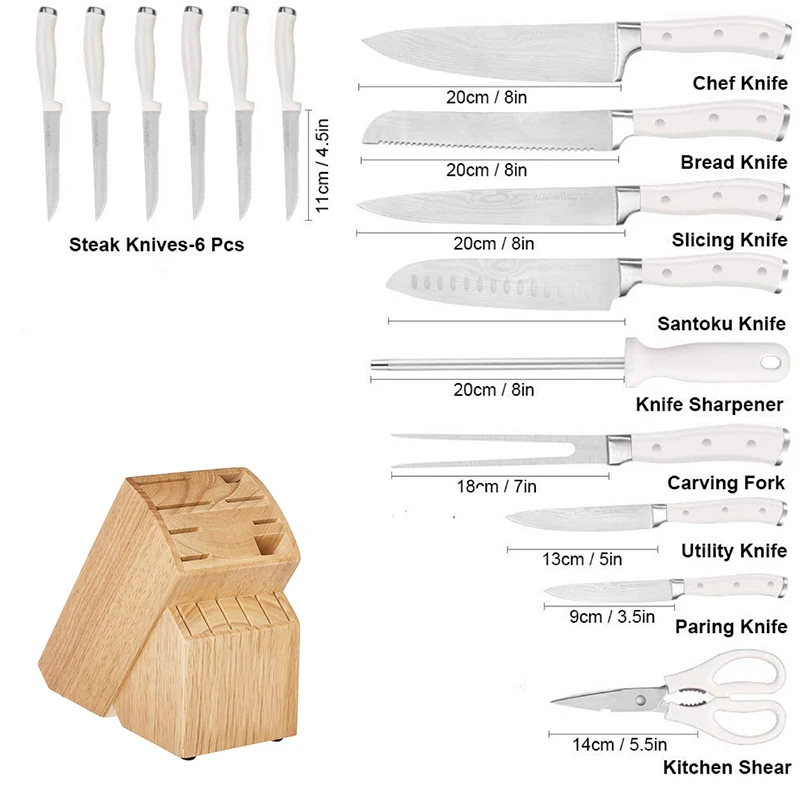 Stainless Steel chef knives set Triple Rivet Kitchen Knife Set White Abs Handle scissors Wooden Block Home block knives set
