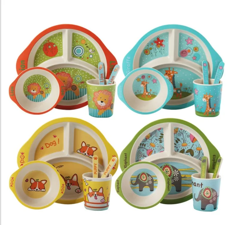 Cute  Lion Bamboo Fiber Children Tableware Set  Eco-Friendly Rice Bowl Cartoon Elephant Kids Dinnerware Baby Salad Plate