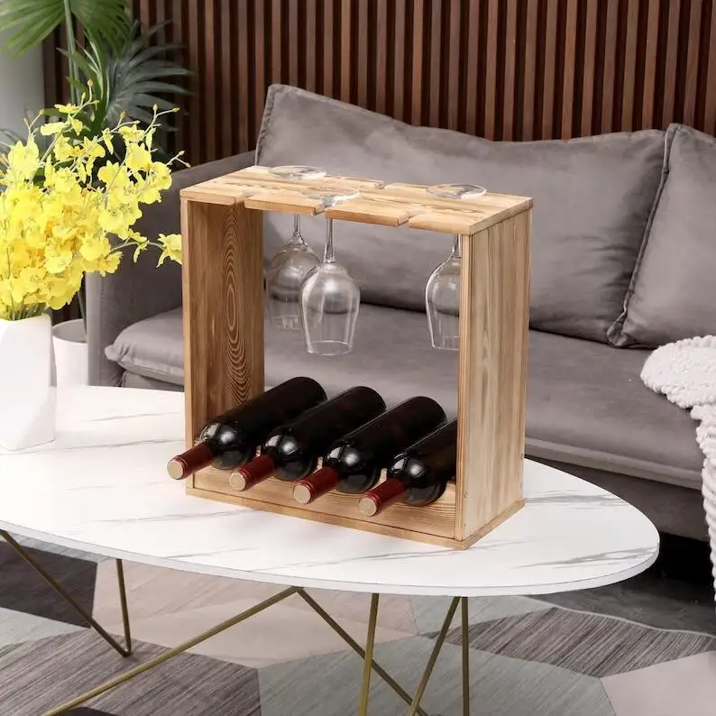 Handmade Wooden Wine Rack with Glass Wine Bottle Holder Counter top Glasses Holder Wine Bottle Storage Shelf for Home Kitchen