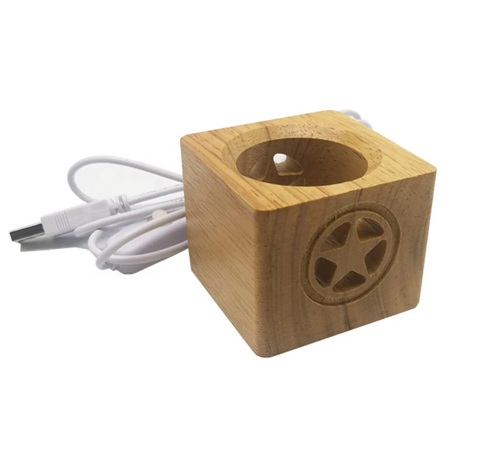 Cube Wooden Display Stand with Star Engraving Decoration for Crystal Ball Single LED Color Swith on USB Cable