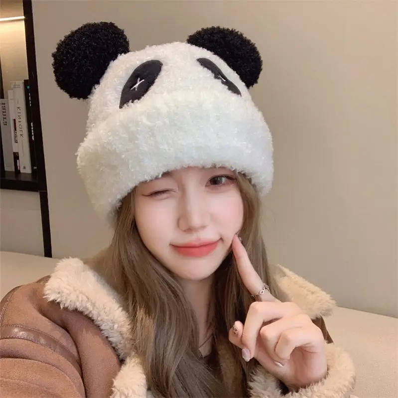 Hat Winter Female Cute Fashion Panda Lambswool Knitted Hat Thick Warm Earflaps Cartoon Plush Sleeve Cap