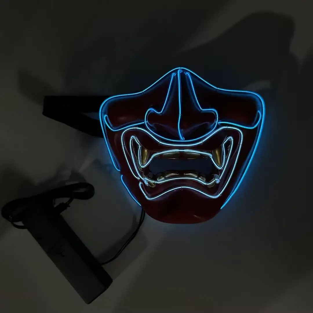 Halloween Custom Demon Mask Japanese Cosplay with Fangs Light Up Mask Costume Cosplay EL Neon Mask