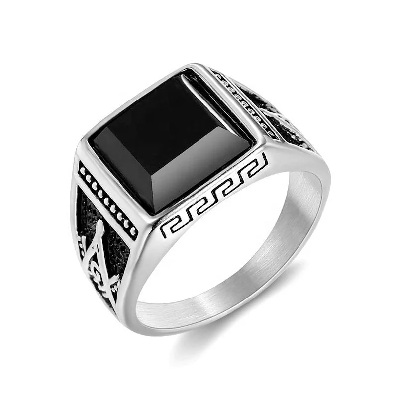 Classic vintage black stone ring titanium steel gold-plated black agate Masonic AG mens stainless steel rings