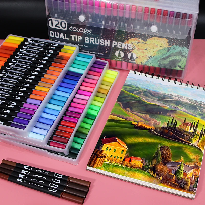 Watercolor Pen Brush Markers Dual Tip Fineliner Drawing for Coloring Art Markers 12 24 36 48 60 72 100 120 Colors Pens