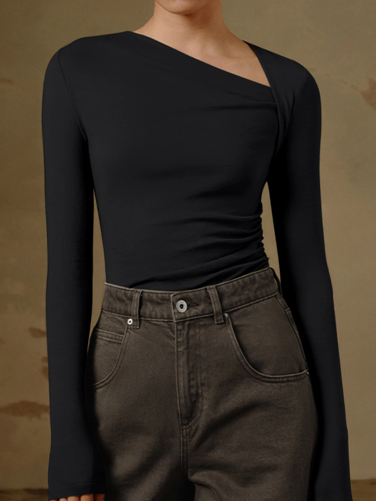 Slash Neck Tight Fit Body Tops Woman Long Sleeve T-shirt For Ladies