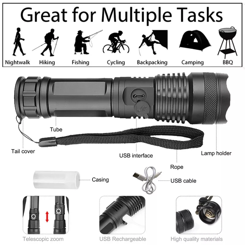 Retractable Flashlight XHP50 Aluminum Alloy Strong Light Flashlight Power Display USB Charging Waterproof Torch High Power