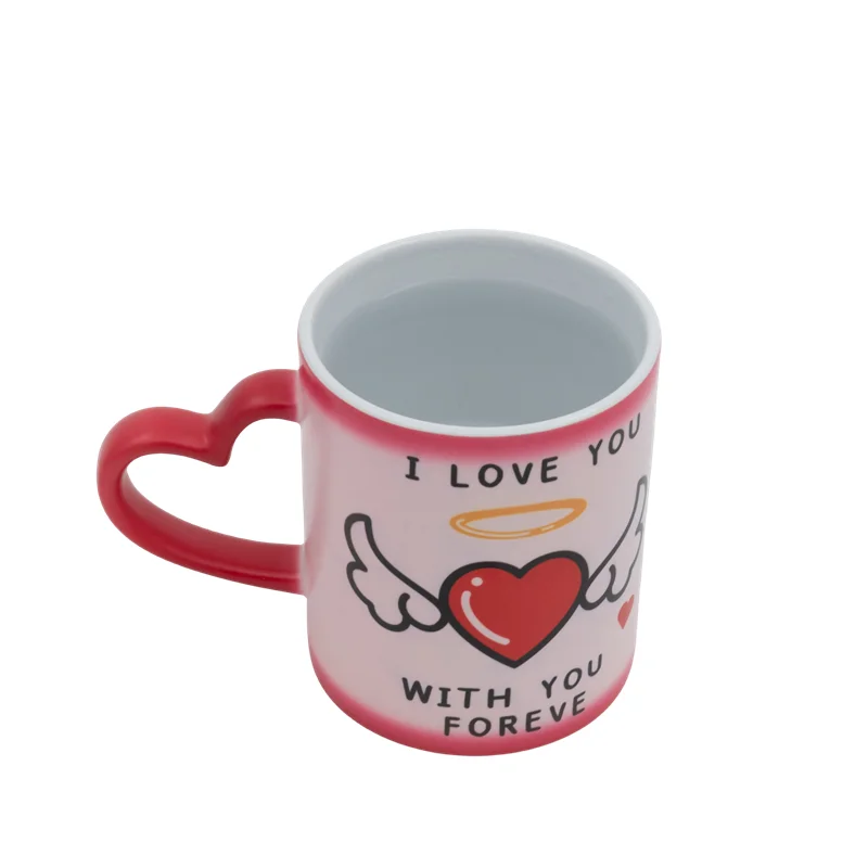 Heart Handle Glossy Magic Ceramic Mug Custom Logo Image Customizable Sublimation Color Changing Mugs