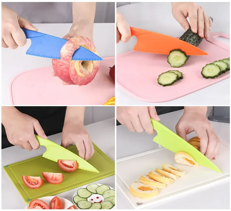 Food grade 4 piece set plastic nylon Safety kids knife cutting board set children kitchen knife set for little hand