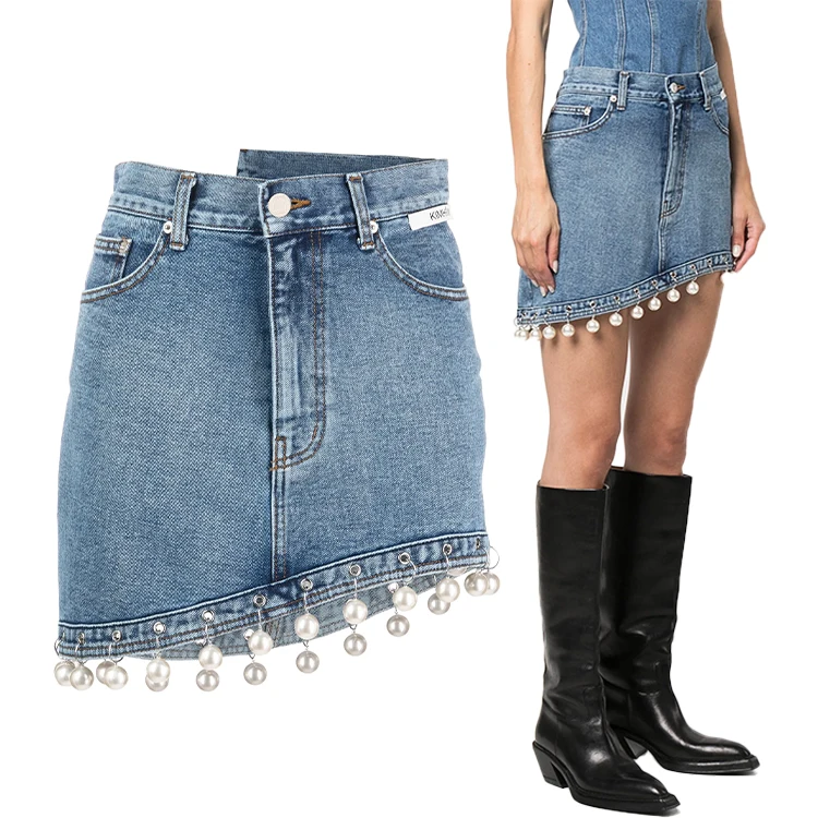 New arrival Design Custom Logo Women Skirt Irregular Pearl Beaded Denim Skirt Fashion Hip short jeans skirt for women