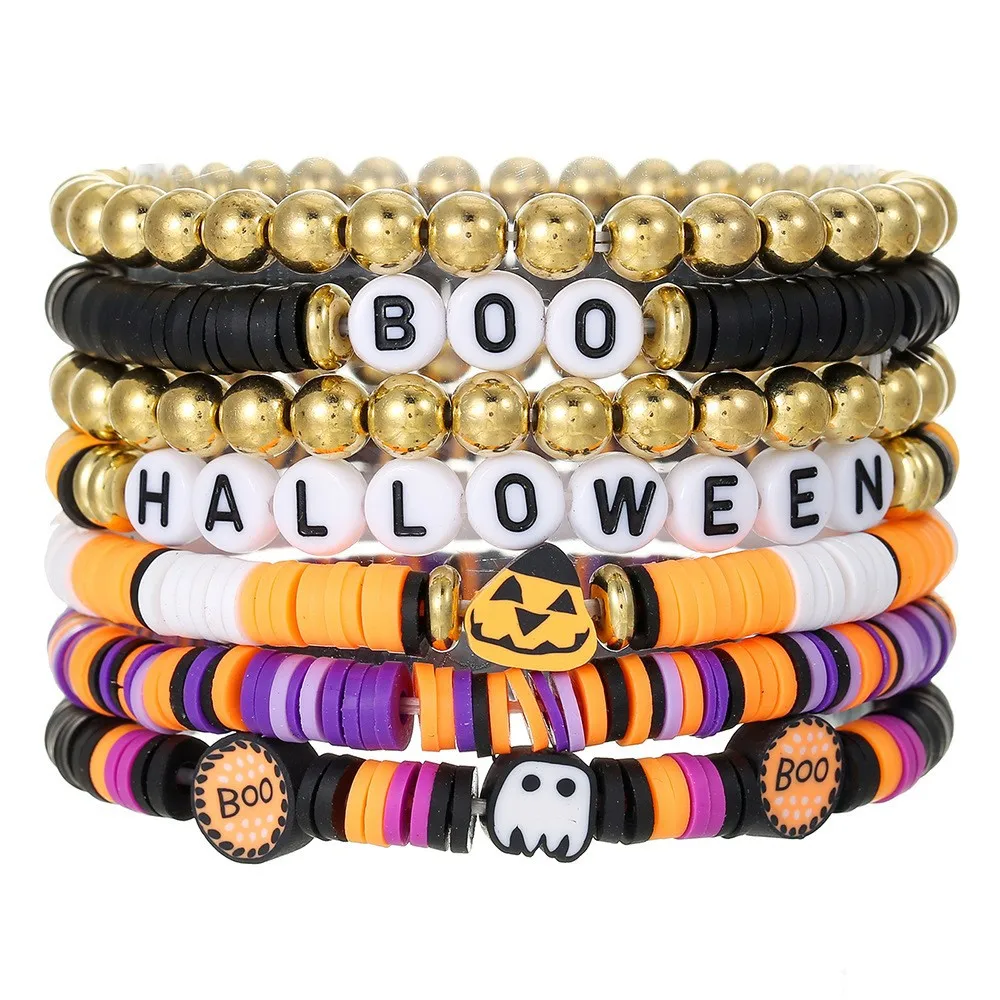 New Spider Skull BOO English Letter Bracelet Halloween Pumpkin Soft Clay Bracelet Set