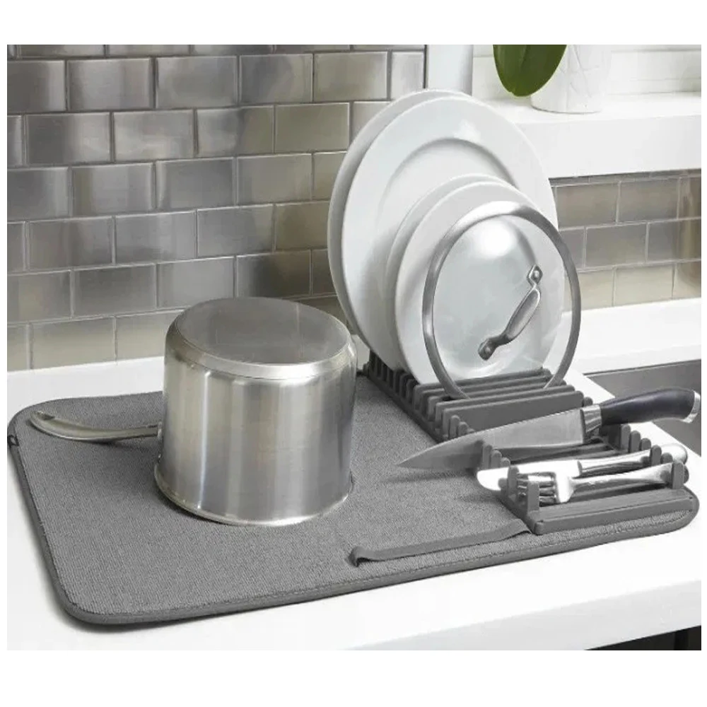 Kitchen Countertops Dish Drying Rack With Microfiber Mat