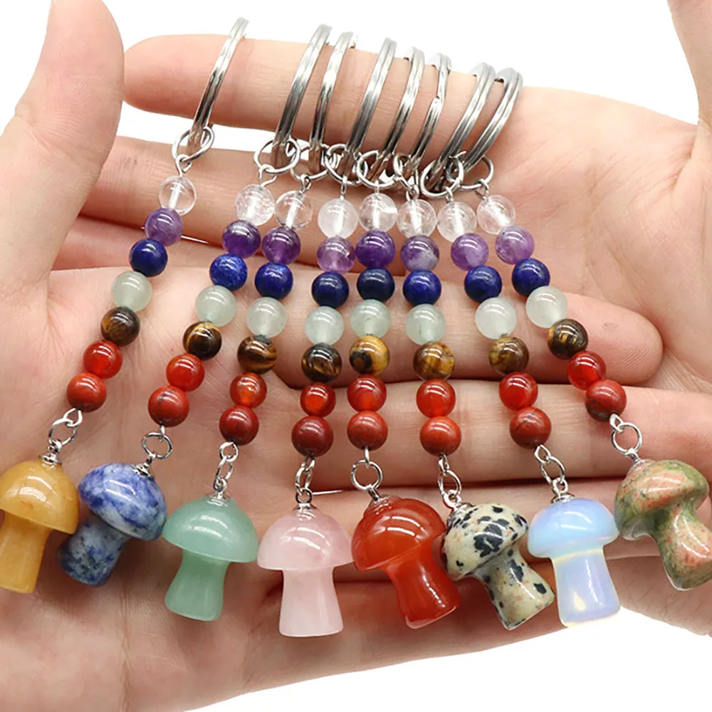 Cute crystal mushroom key chain wholesale natural crystal seven chakra stone key chain with mushroom