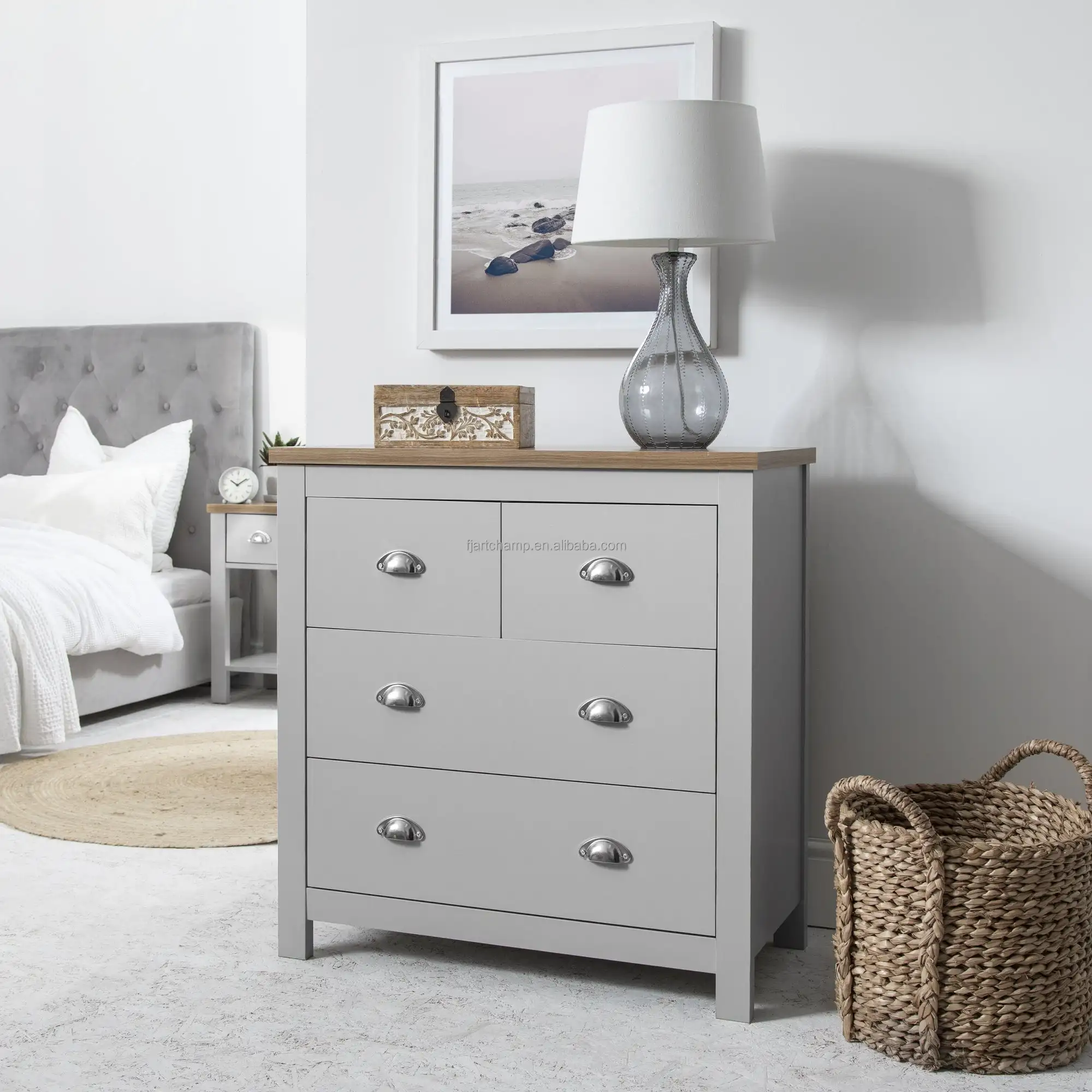 Grey Painting Flat pack Furniture Bedroom Storage Cabinet Clothes Chest of 4 Drawers