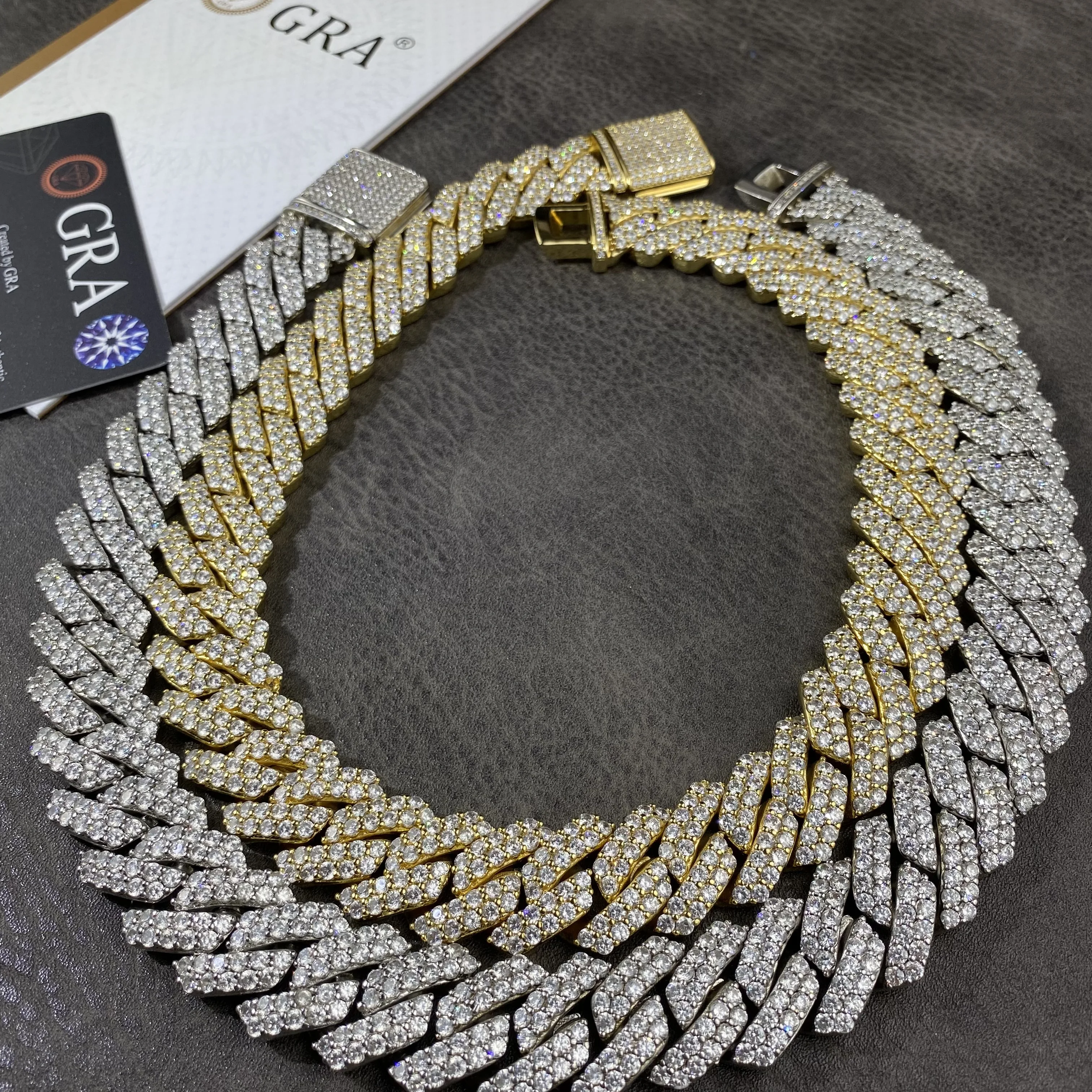 Wholesale 19mm 2rows VVS Moissanite S925 Sterling Silver Prong Cuban Link Chain Necklace For Men