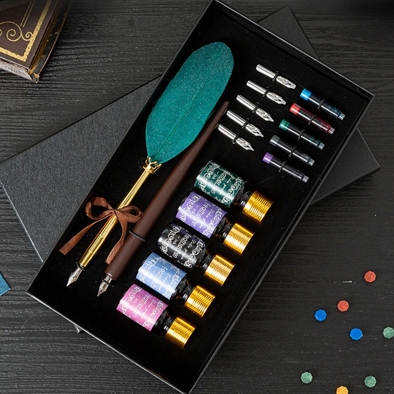New arrival calligraphy pen vintage feather fountain pen gift set with 5 nibs,Ink sac and colorful ink