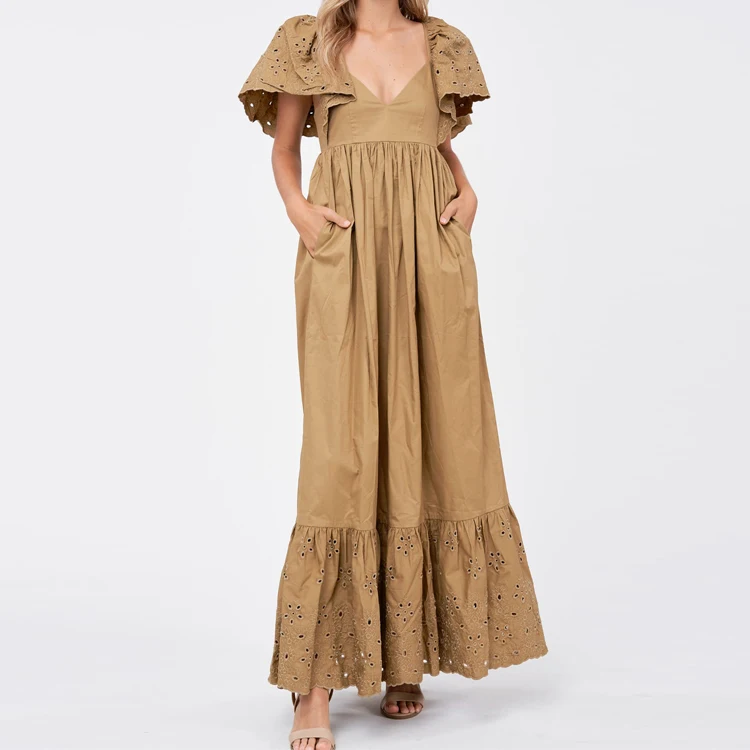 Flutter Sleeve Poplin Maxi Dress Eyelet Detail Ladies Fashion Cotton V-neck Vacation Casual Dresses