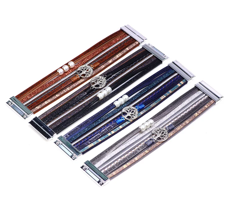 
Magnetic clasp bracelet women wholesale bling leather double wrap bracelet engraved strip and life tree accessories bracelets 
