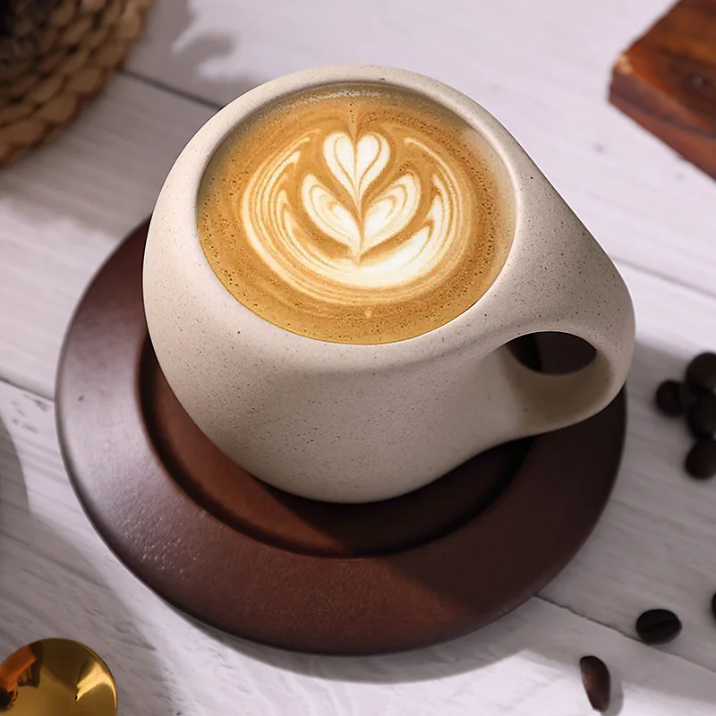 Retro  Advanced Ceramic Coffee Cup Wooden Plate Ceramic Cup Set Wholesale
