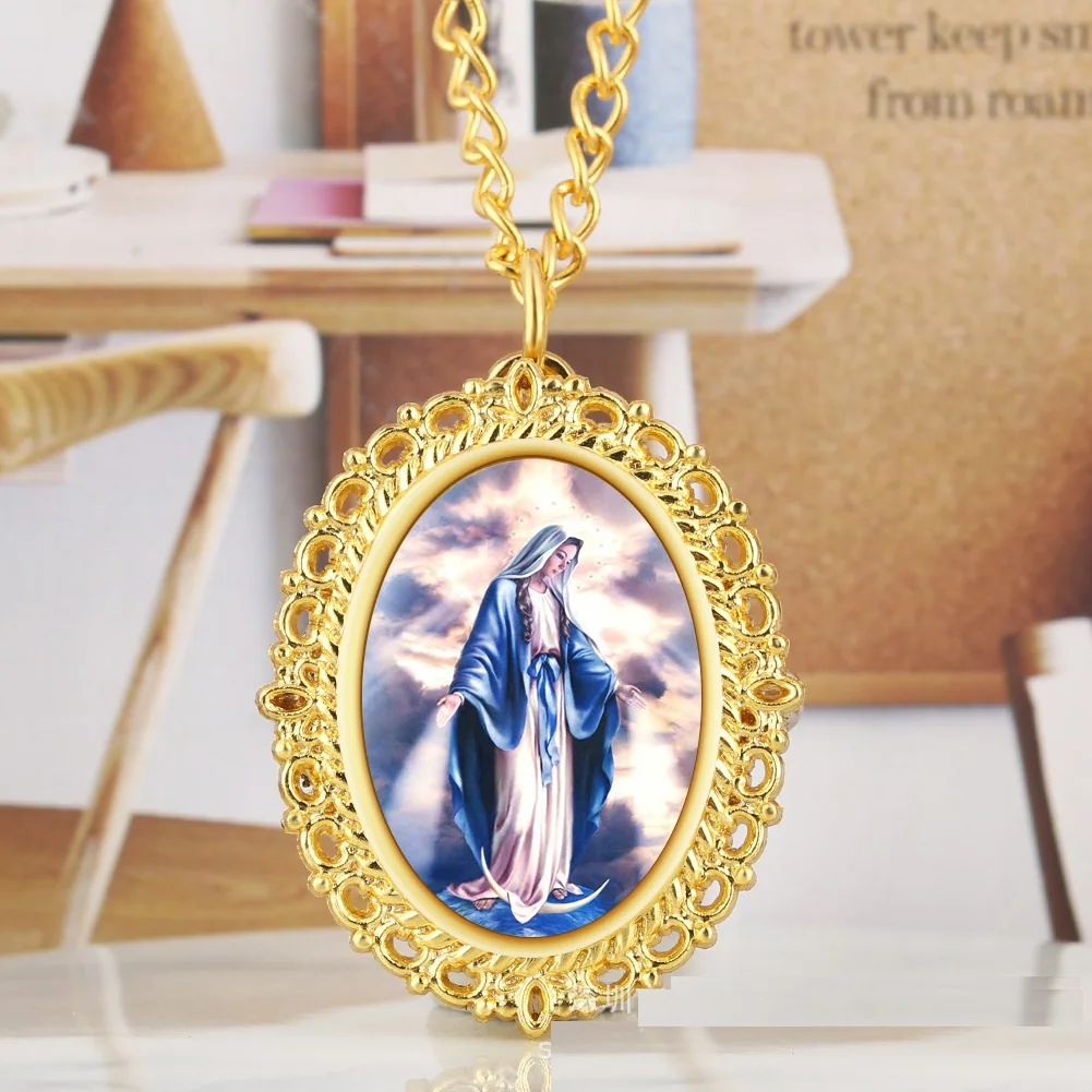 Gold Alloy Oval Madonna and Jesus DIY Patch Quartz Pocket Watch Ornaments Pendant with Chain Necklace Gift