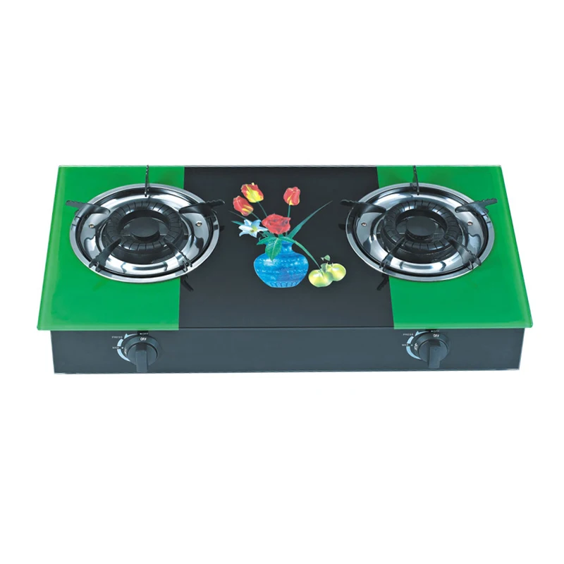 
Special price burner size120x120mm cast iron cap 2 glass energy-saving green color gas stove 