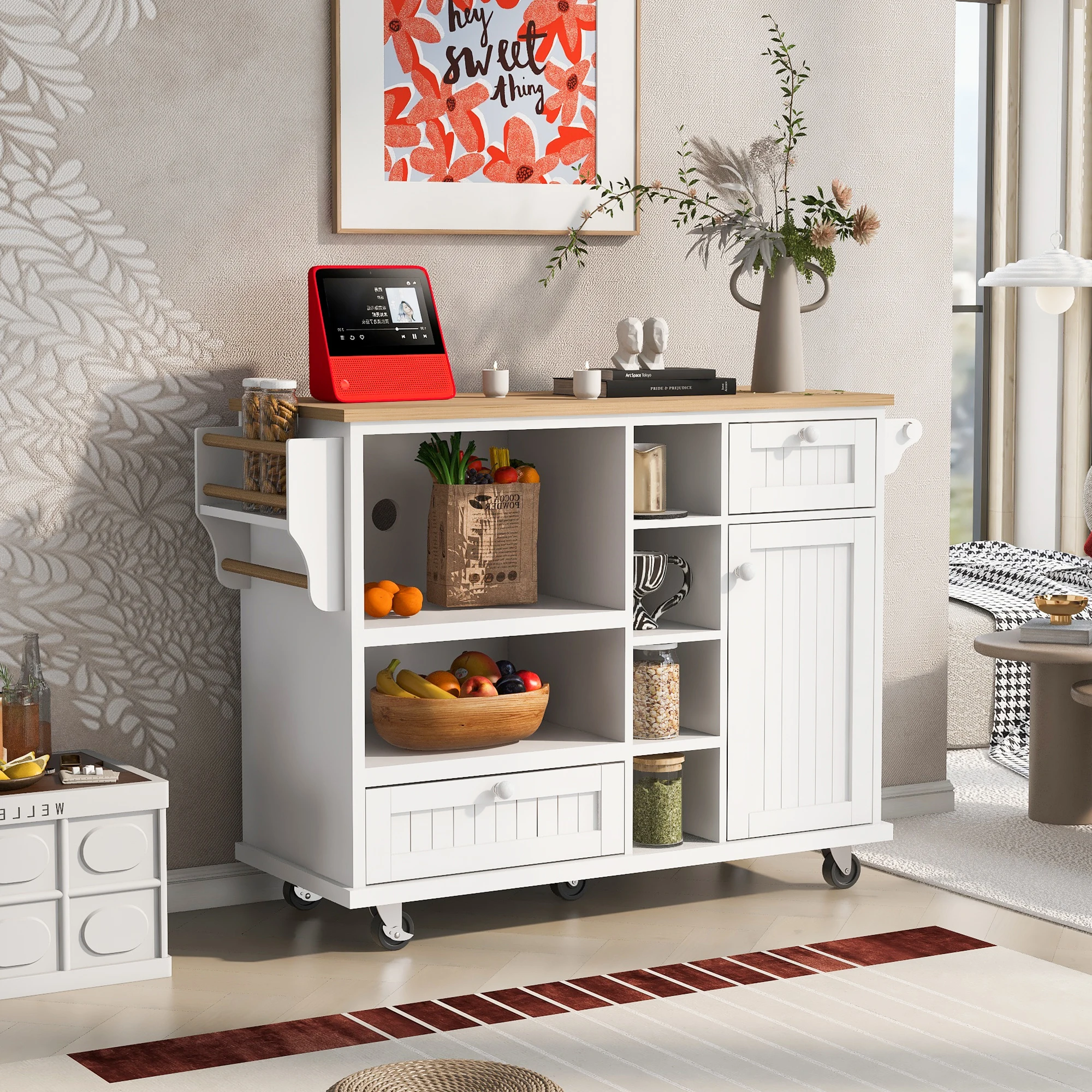 Kitchen Island Cart with Storage Cabinet and Two Locking Wheels,Solid wood desktop,Floor Standing Buffet Server Sideboard