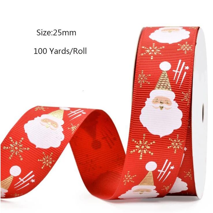100yards/Roll  25mm Christmas Ribbon Printed  Grosgrain/Polyester Ribbon For Christmas Gift Packing Decoration
