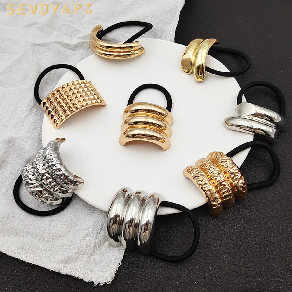 Wholesale new women ponytail elastic hair bands alloy gold silver metal geometric hair ties for girls accessories