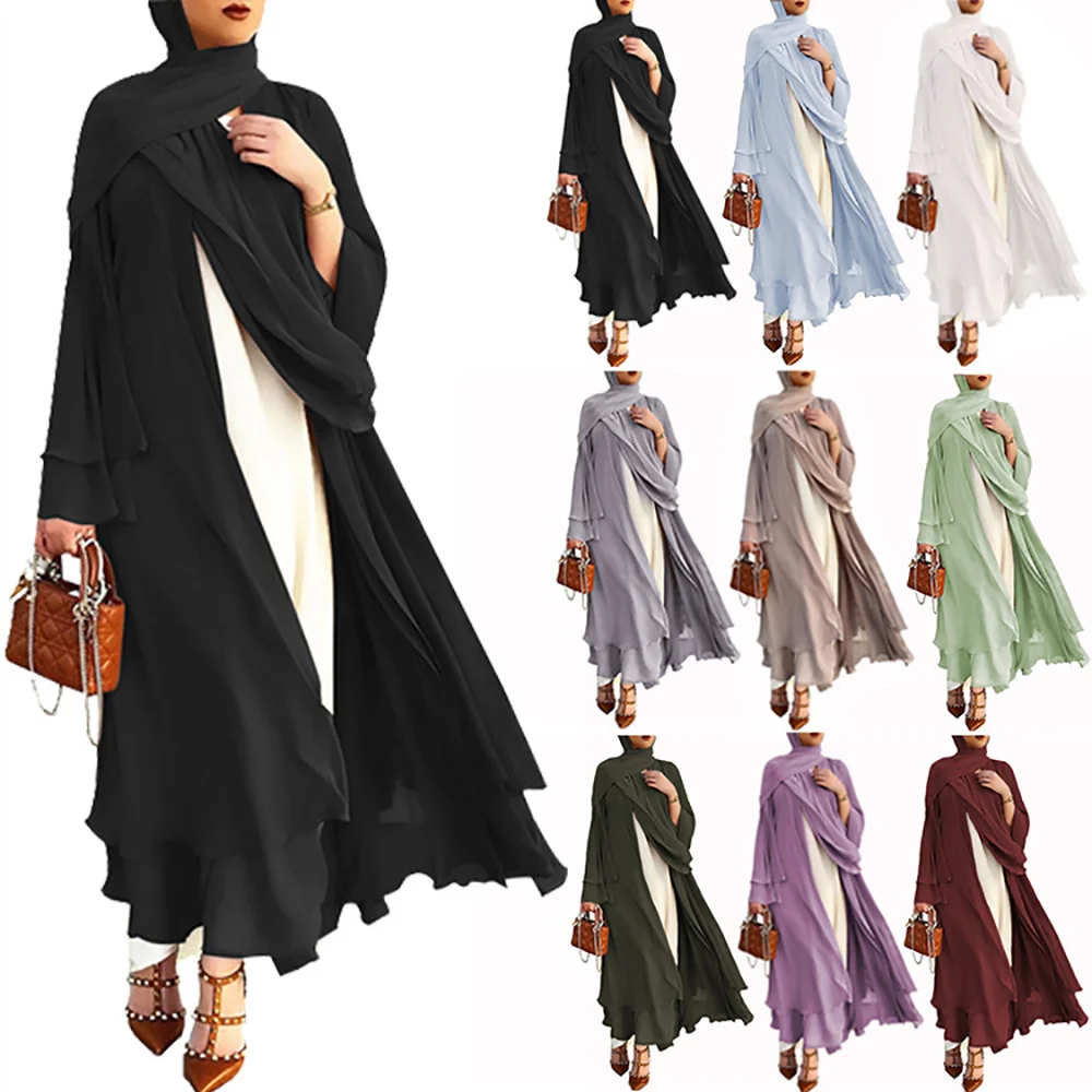Wholesale 2 Layer Islamic Kimono Cardigan Women Dubai Abayas Turkey Kaftan Muslim Dress Chiffon Open Abaya